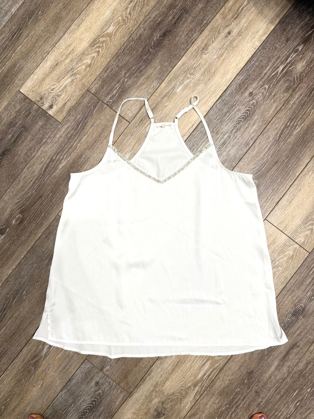#19)  JODIFL White Beaded (silver) V-Neck Camisole